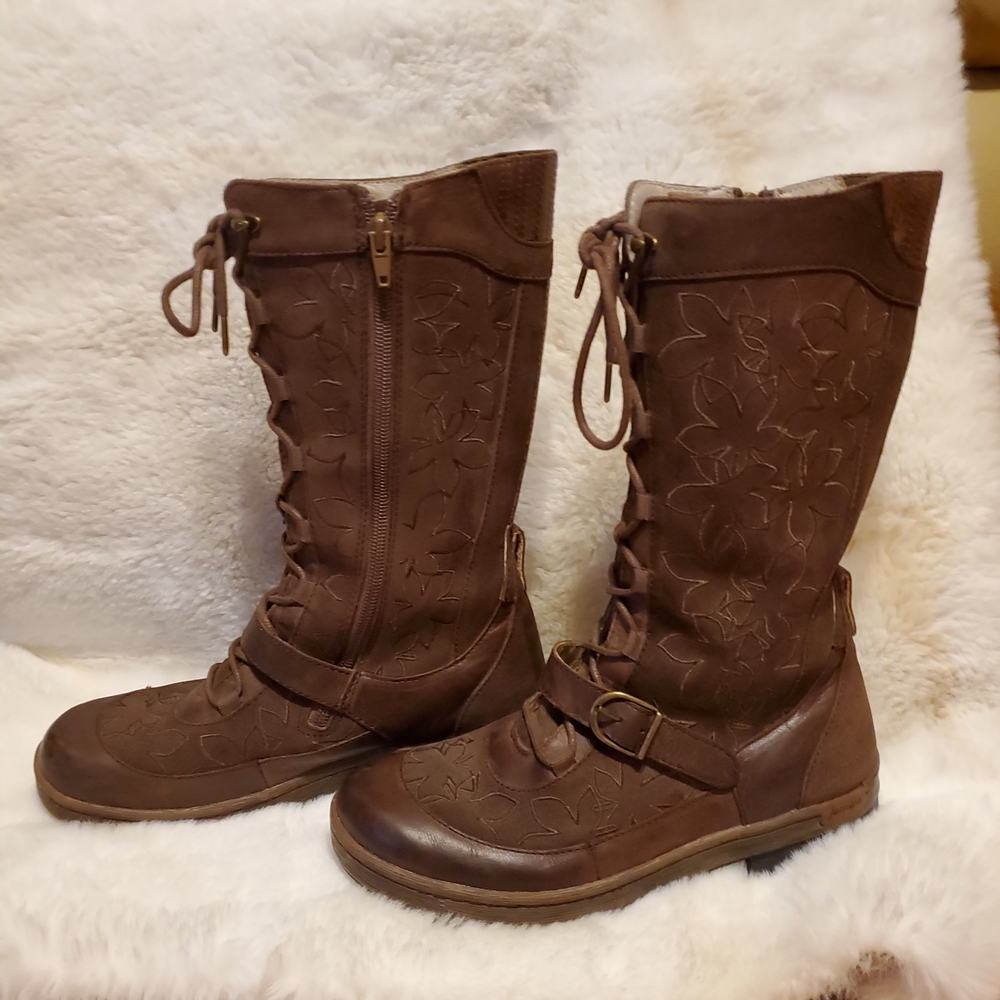 Jambu Brown Lace Up Boots with Floral Design